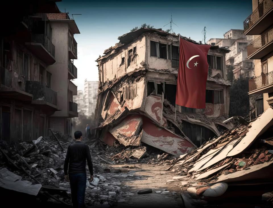 Een man loopt tussen door de aardbeving beschadigde gebouwen, er hangt een Turkse vlag aan een huis dat nog deels overeind staat