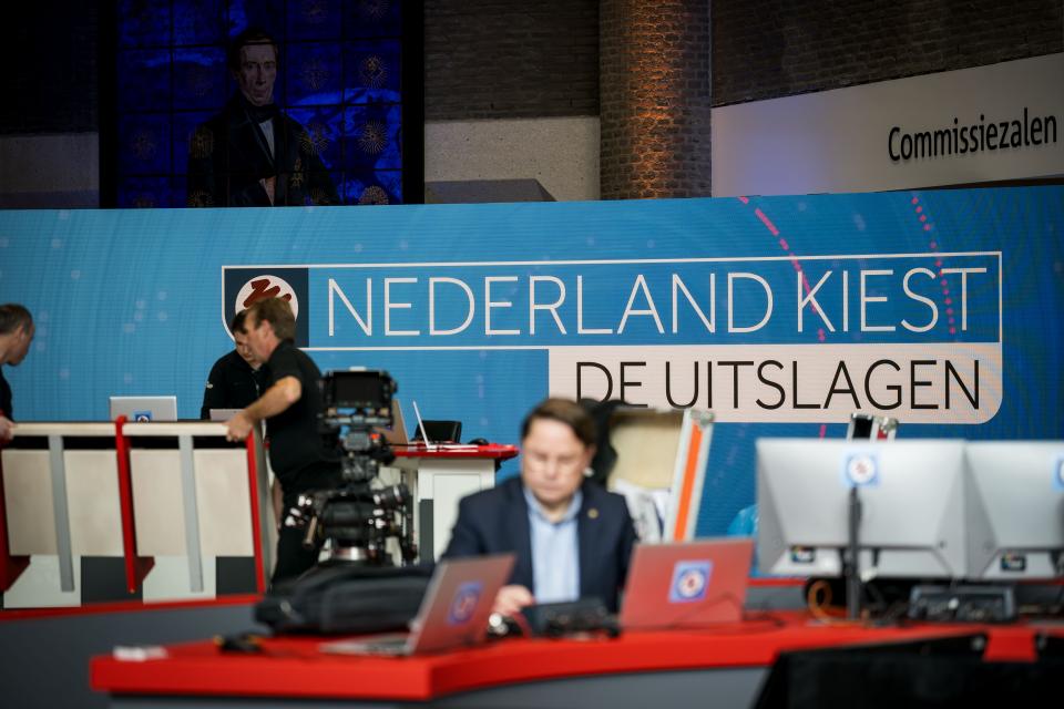 Personen achter desks met op de achtergrond een banner: 'Nederland kiest: de uitslagen'
