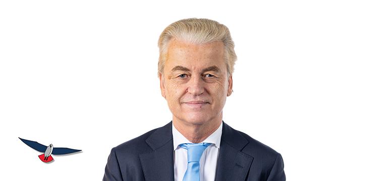 Portretfoto Geert Wilders met partijlogo PVV